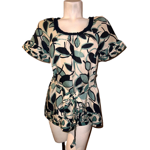 BCBGMaxAzria Top Women's Size XS Green Black Ivory Floral Tie Belted Blouse - Picture 1 of 8